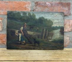 Early 19th century English School - idyllic canal and lock scene, unsigned, oil on canvas,