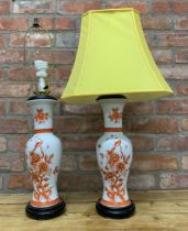 Pair of Chinese converted vase table lamps with hand painted floral and bird finish, mounted on