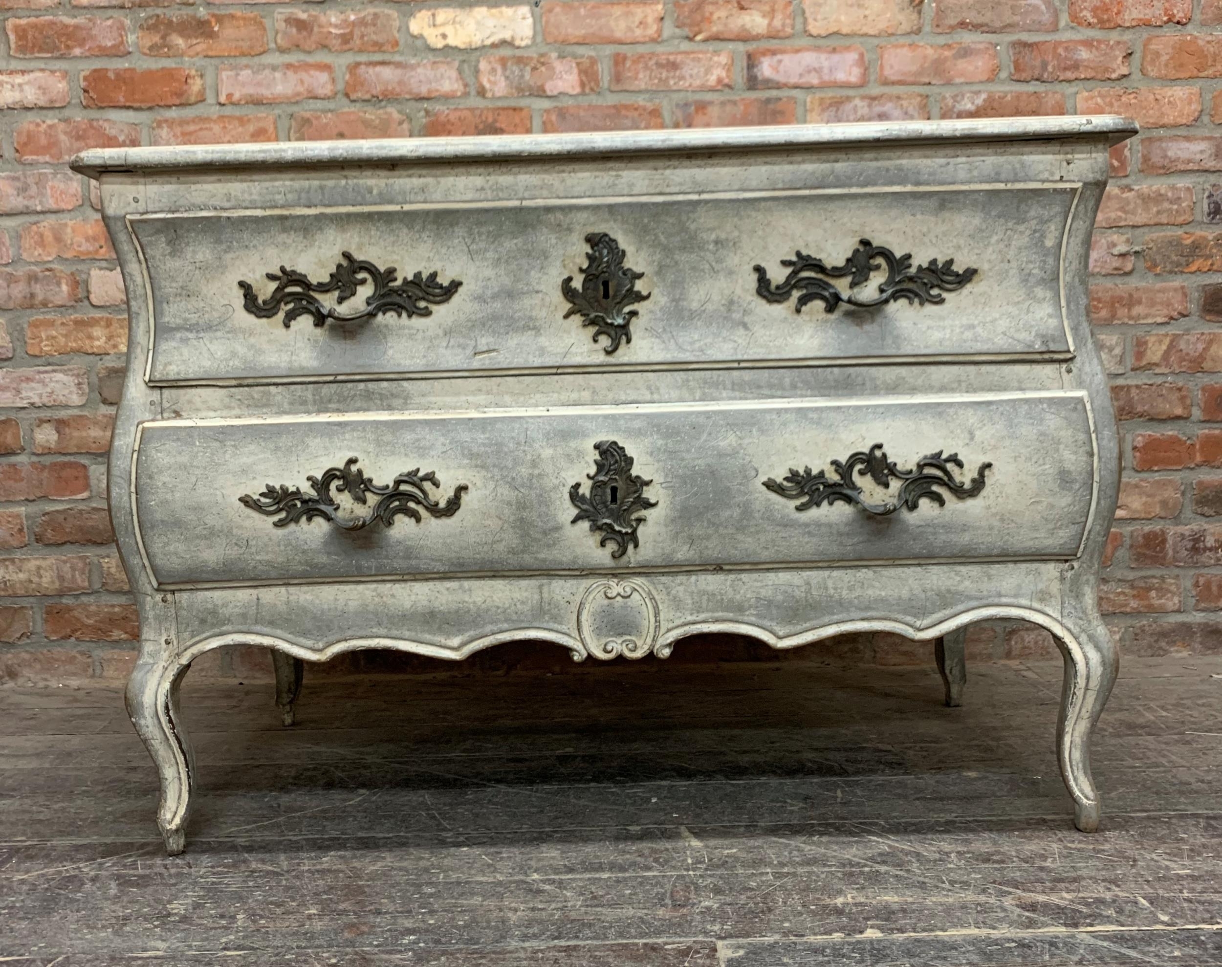 18th century French walnut bombe commode, two deep drawers, cabriole legs, H 84cm x W 124cm - Image 3 of 4