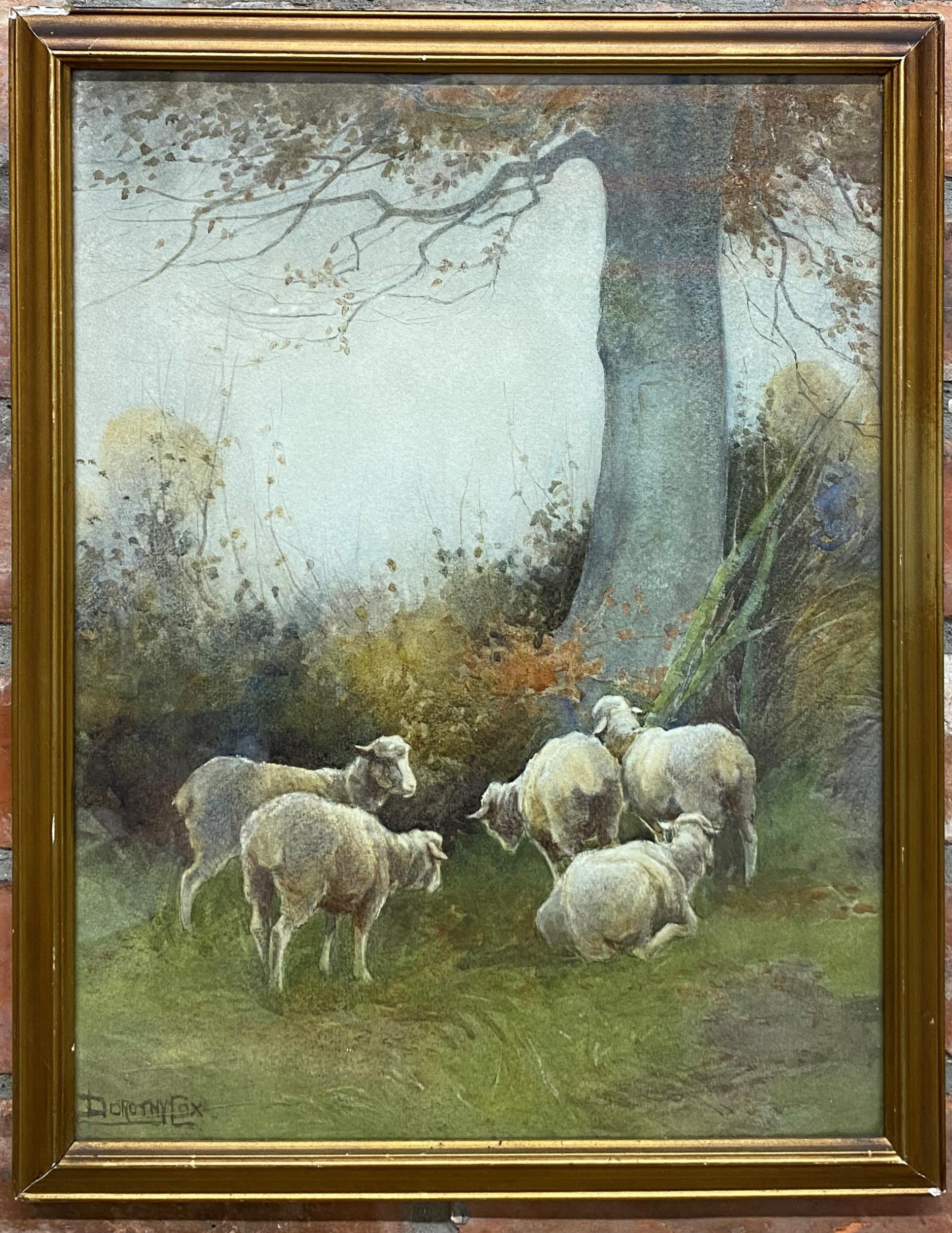 Dorothy Cox (1882-1940) - lambs gathering under a tree, signed, watercolour, 42 x 31cm, gilt frame - Image 2 of 3