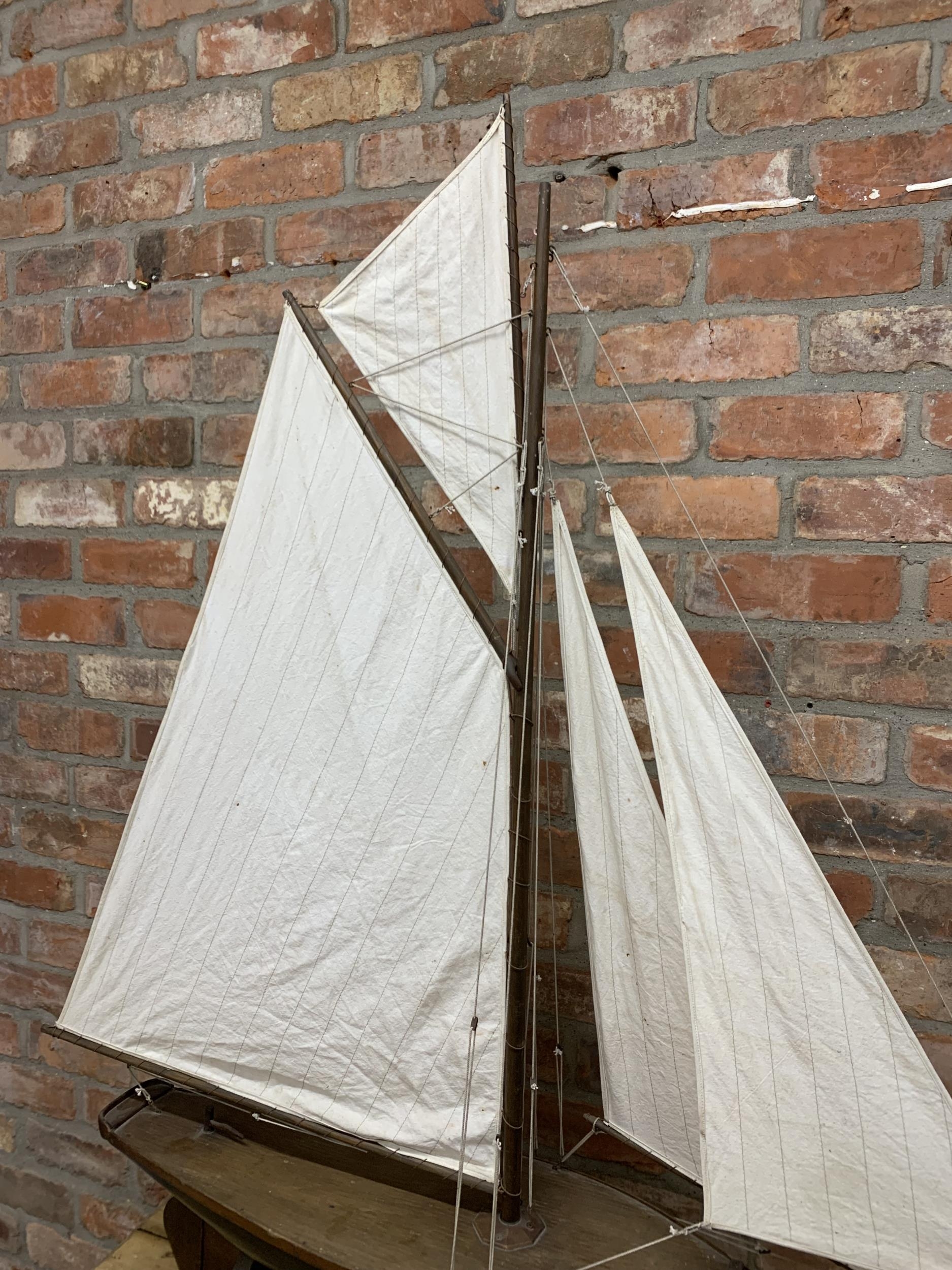 Very large hand built wooden pond yacht with original hand knotted linen sails, mounted atop - Image 3 of 4