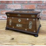 Impressive late Regency rosewood panelled sarcophagus sewing box, having an ornate squirrel and