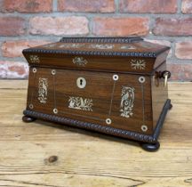 Impressive late Regency rosewood panelled sarcophagus sewing box, having an ornate squirrel and