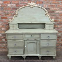 Victorian painted pine sideboard or washstand, raised back with two banks of three drawers, the base