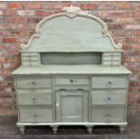 Victorian painted pine sideboard or washstand, raised back with two banks of three drawers, the base