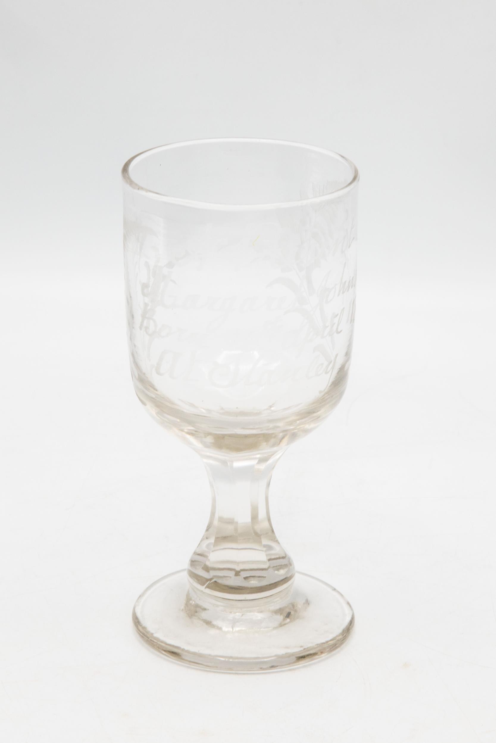 George III wine glass, acid etched with fern leaves and inscribed 'A present to Margaret Johnston,