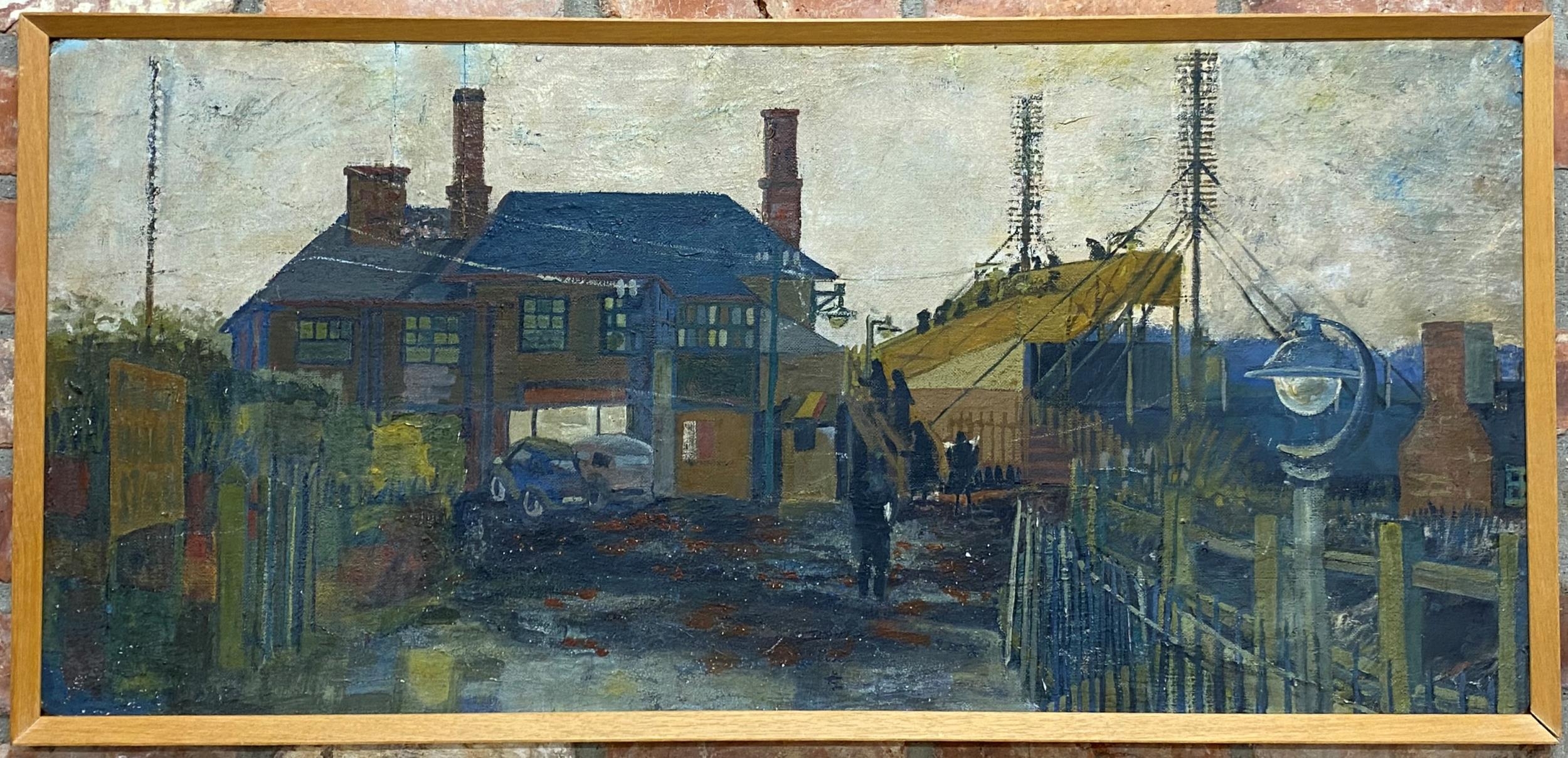 Mid 20th century Northern school - Industrial landscape, unsigned, oil on board, 45 x 108cm, framed - Image 2 of 2