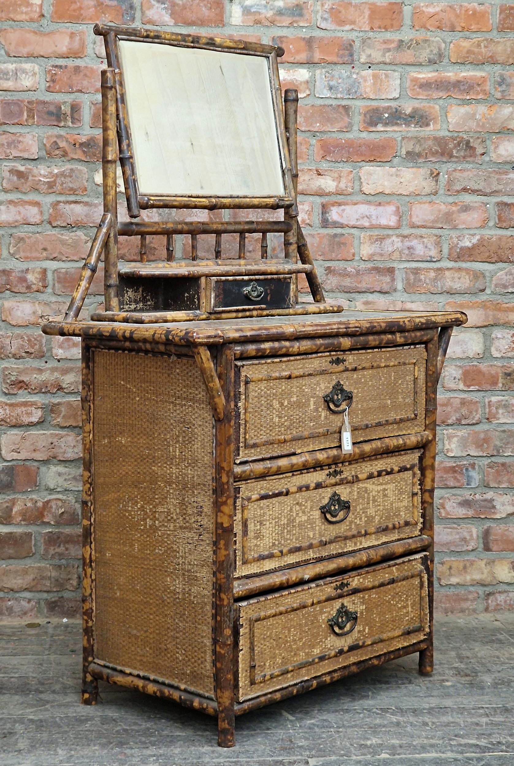 Victorian Aesthetic Movement bamboo and rattan dressing chest with mirror back raised over one short - Image 3 of 4