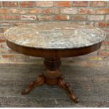 19th Century French fruit wood marble top gueridon table with a good turned column base, H 74cm x