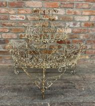 Antique wire work three tier demi-lune plant stand, H 87cm x W 86cm x D 48cm