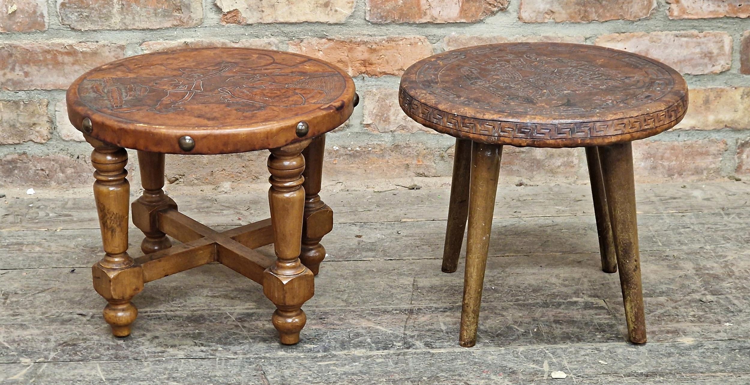 Two leather topped wooden stools (2)