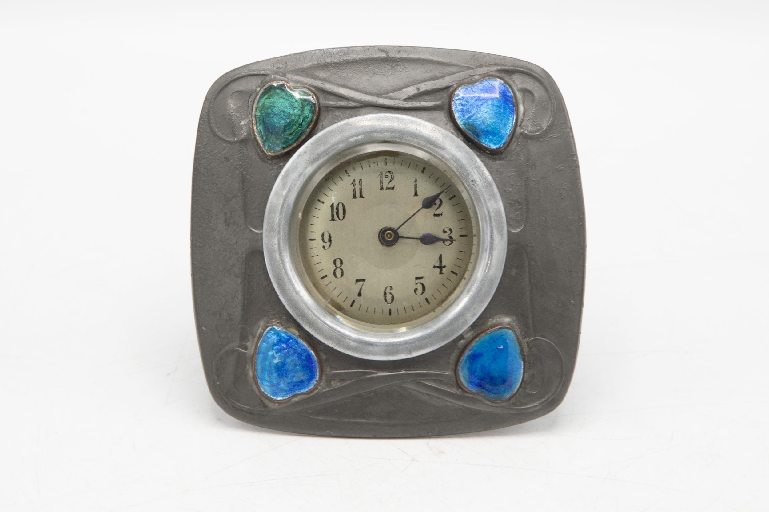 Archibald Knox for Liberty of London - Tudric pewter Arts and Crafts easel desk clock, with four
