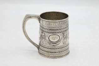 Good quality George III silver mug, embossed with masks and swags, maker Peter and William Bateman?,