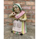 Victorian Staffordshire hand painted ceramic biscuit barrel of an old woman, H 31cm