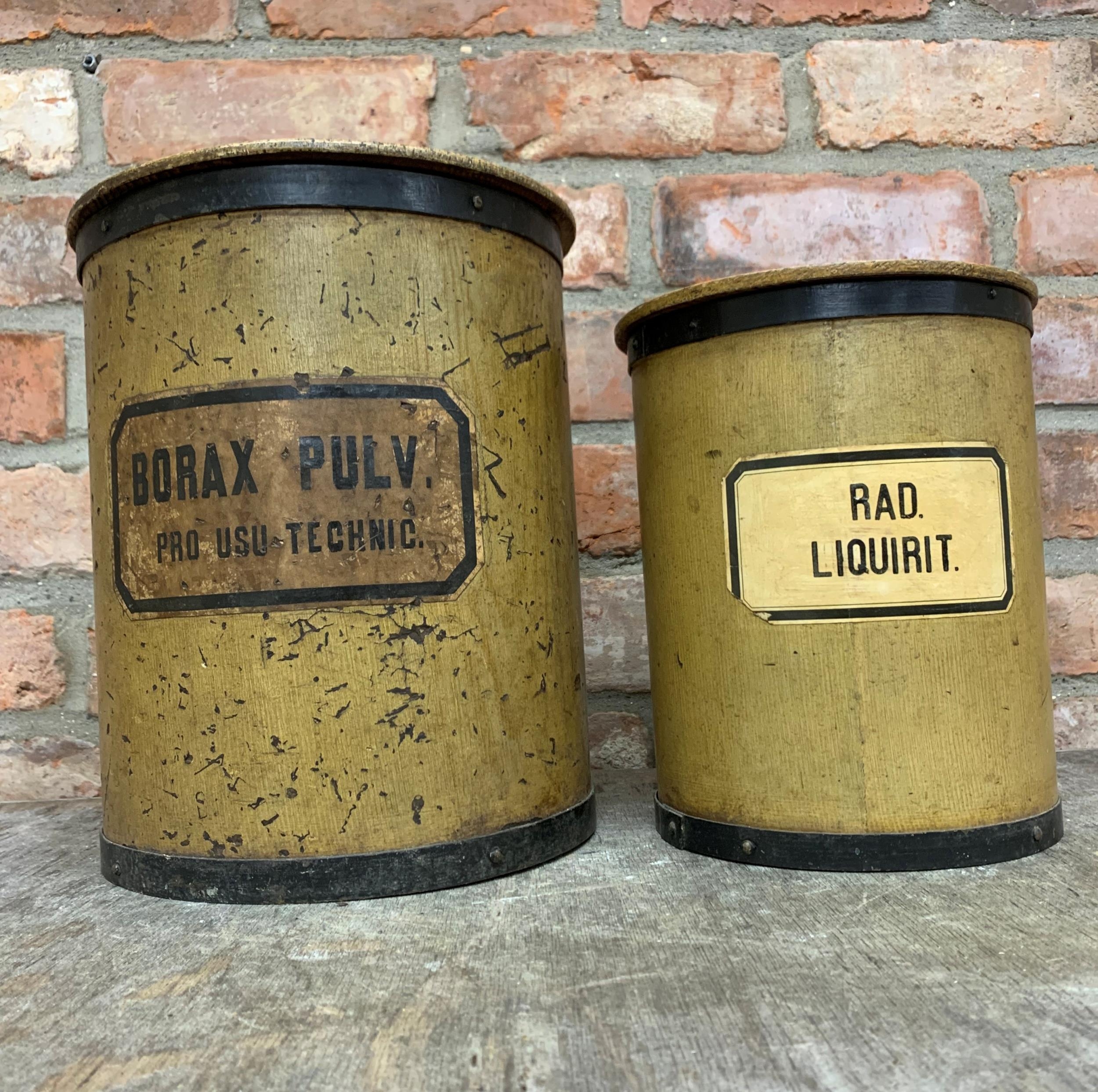 Graduated pair of French plywood drug jars with original labels, Largest H 30cm