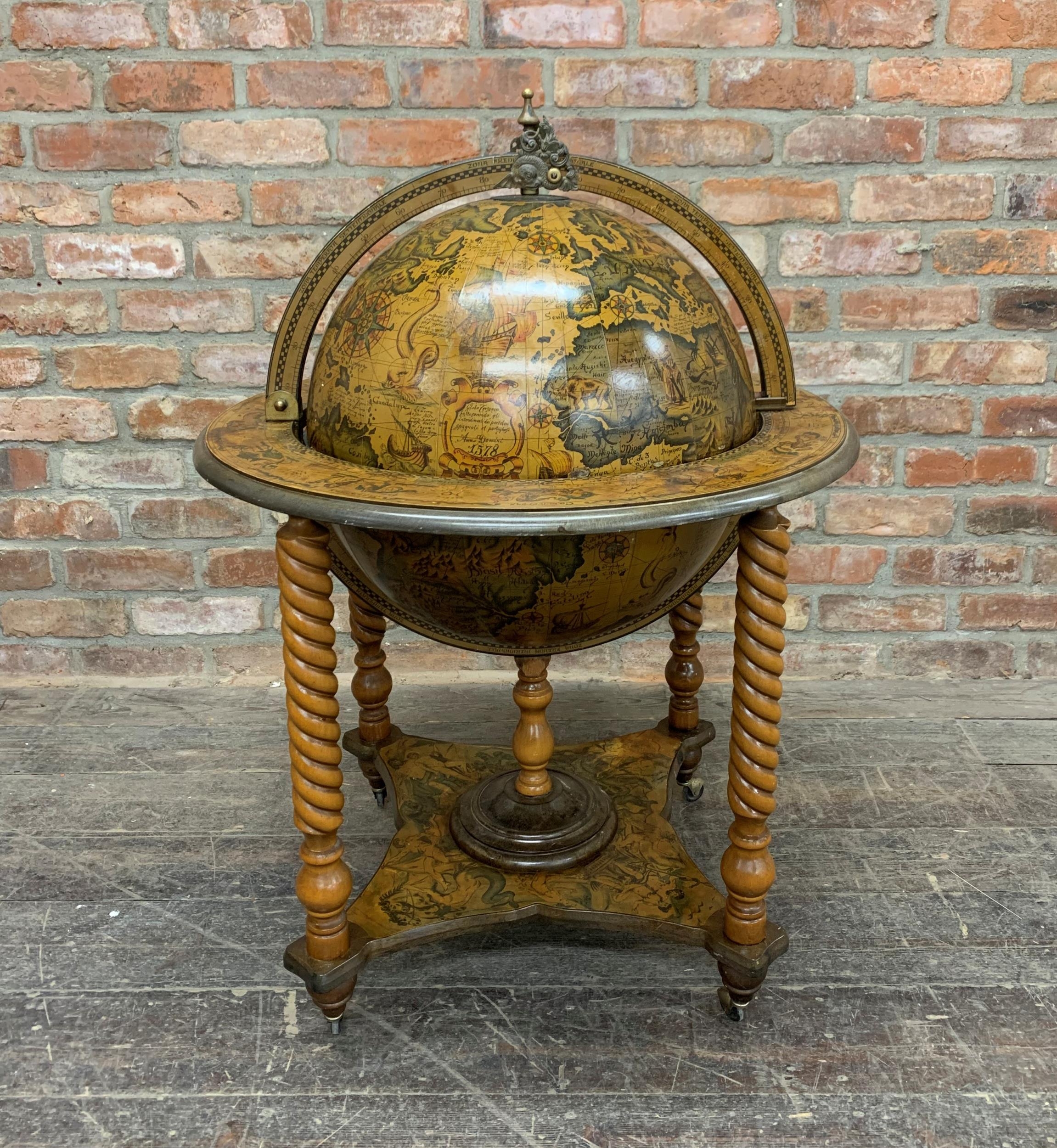 Novelty globe drinks cabinet, fitted interior and barley twist supports, H 100cm x Dia 65cm
