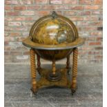 Novelty globe drinks cabinet, fitted interior and barley twist supports, H 100cm x Dia 65cm