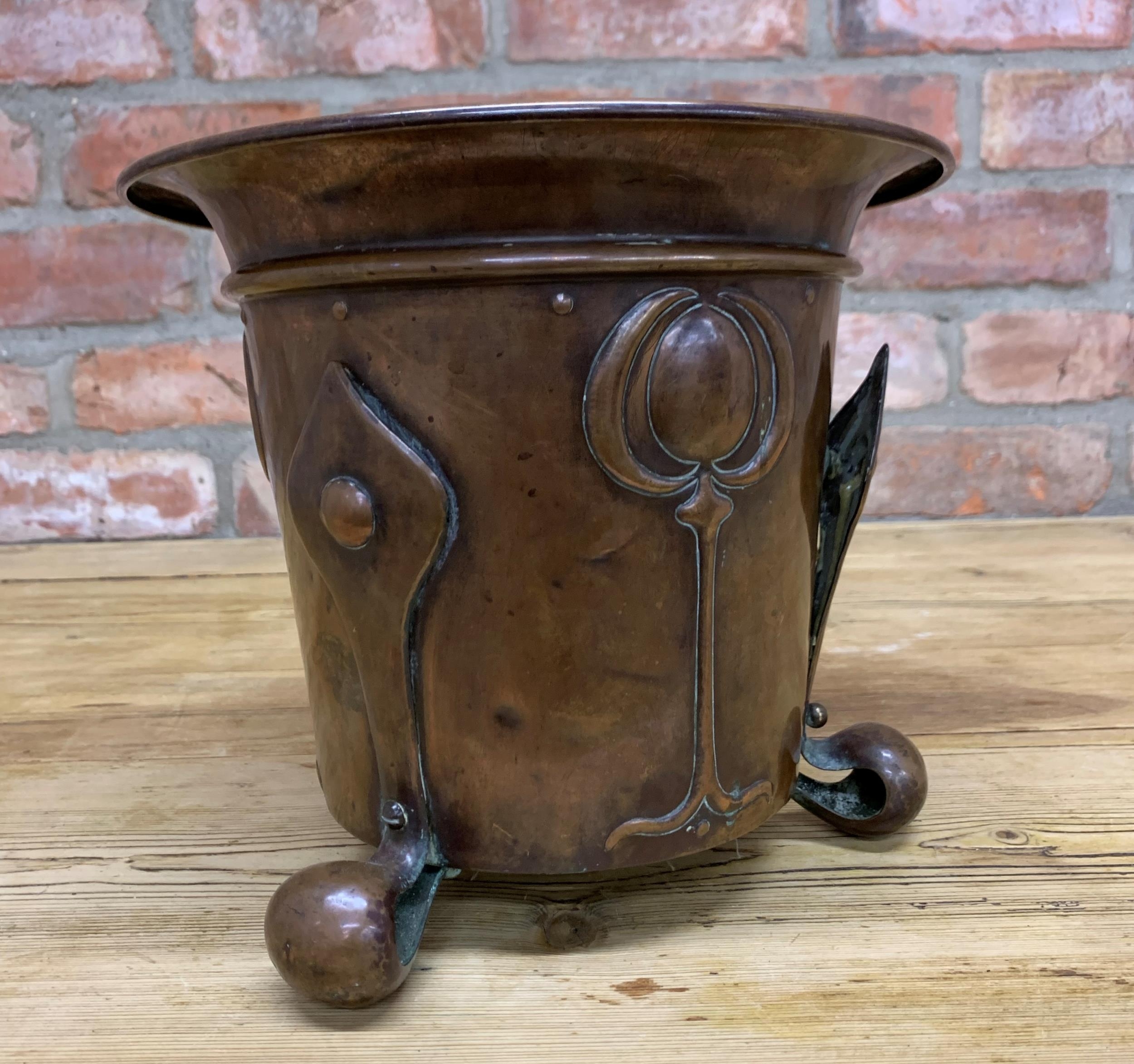 Art Nouveau copper three footed planter, in the manner of Benham and Froud, H 22cm x D 25cm (one - Image 2 of 4