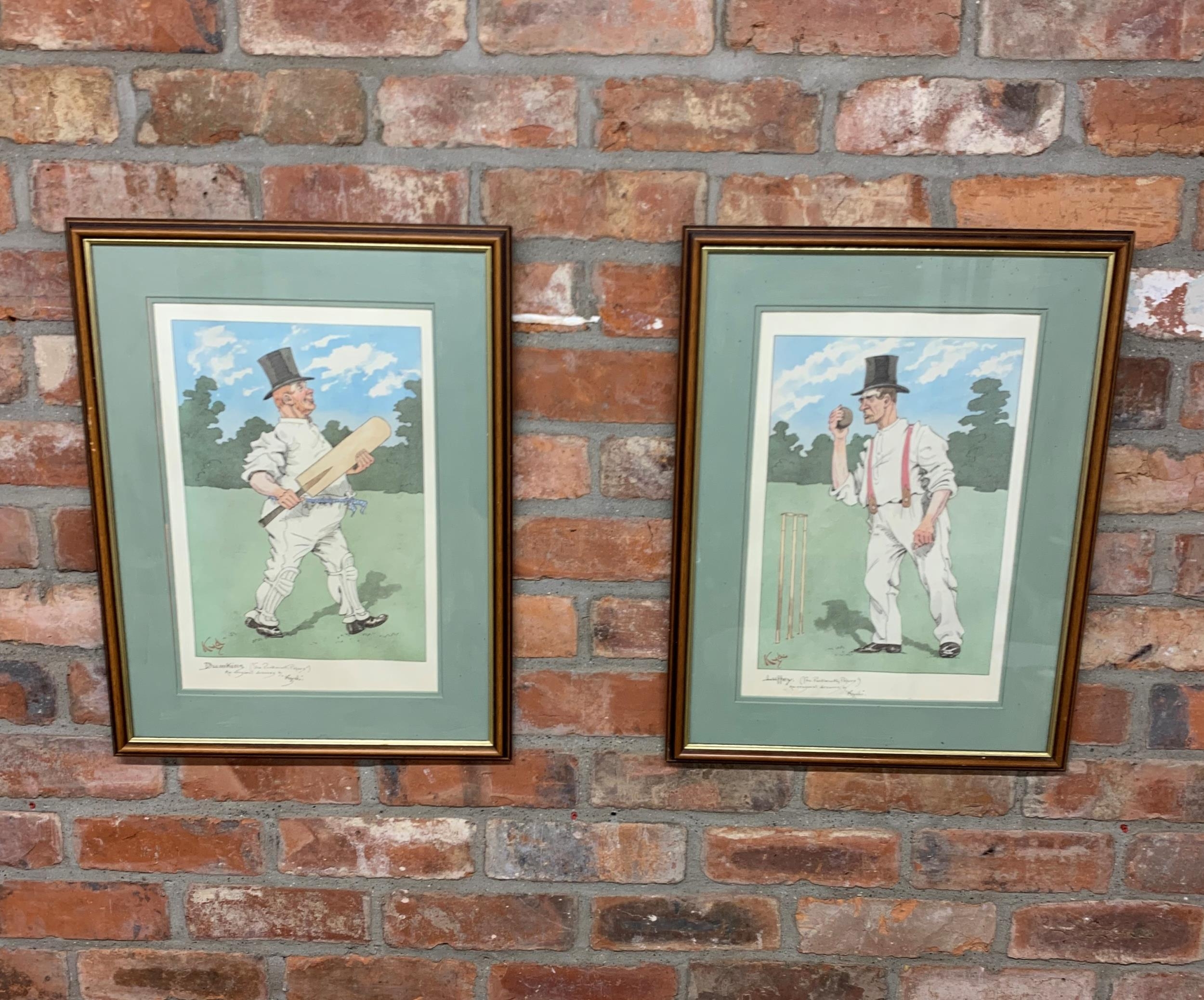 Pair of framed 'KYD' Joseph Clayton Clarke cricket themed prints from The Pickwick Papers series,