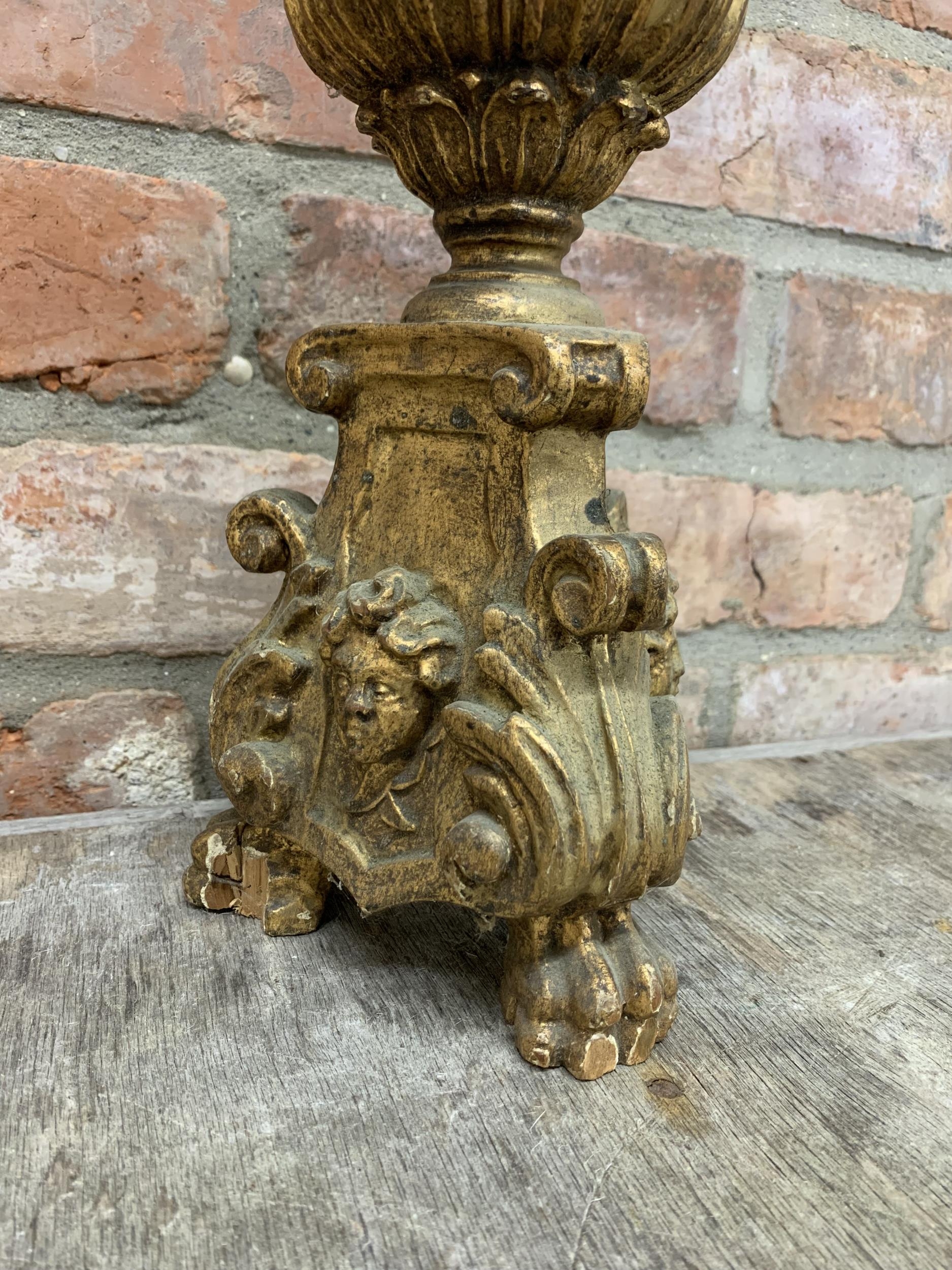 Carved gilt pricket stick lamp base with lion paw feet and cherub face decoration, H 62cm - Image 2 of 4