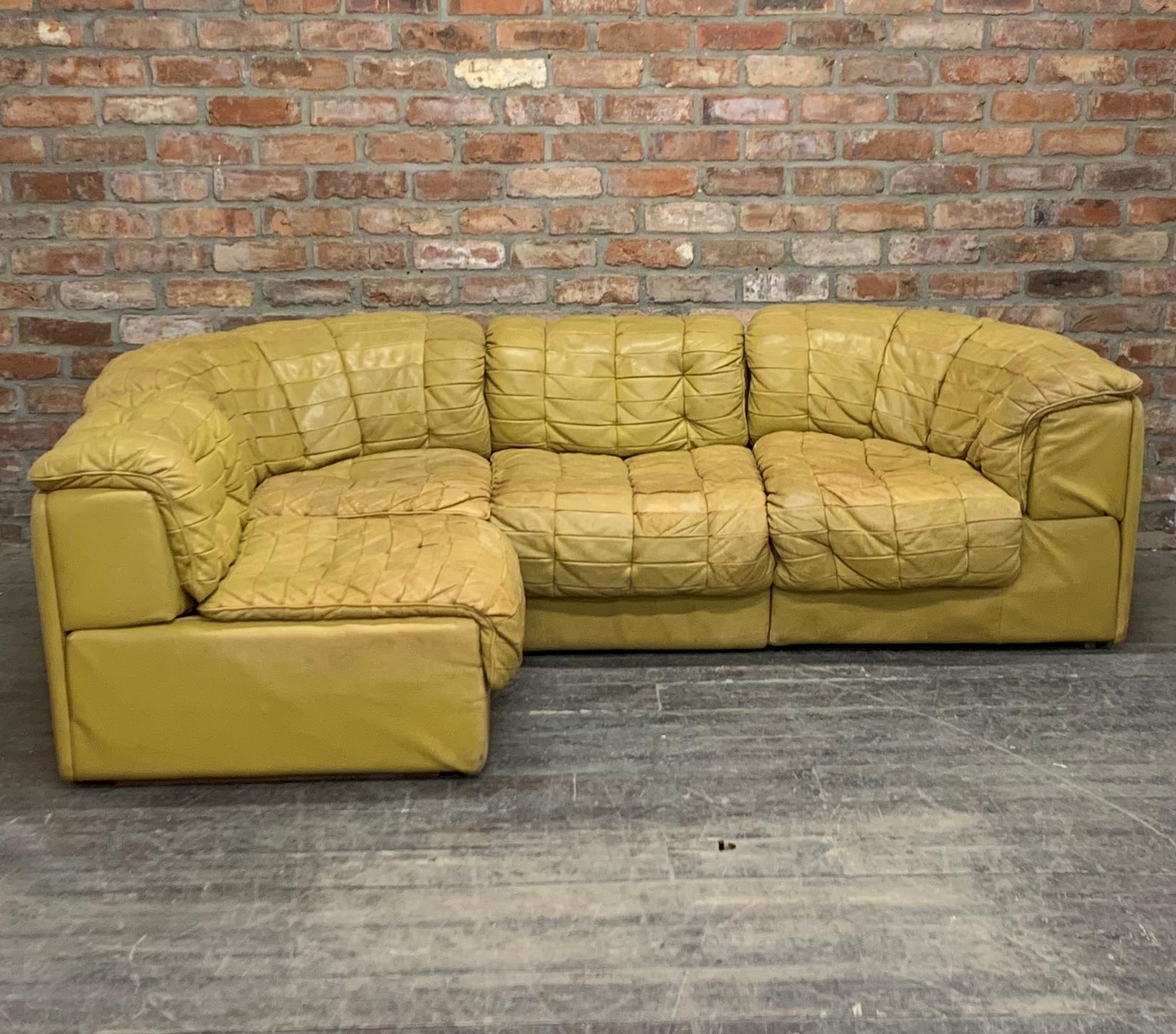 De Sede mustard leather modular corner sofa, in four parts, good wear and patina, H 65cm x W