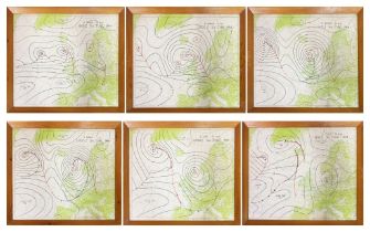 Set of six framed WWII original hand sketched D-Day weather forecast charts dating from the 3rd to