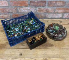 Large assortment of vintage marbles with a well carved weighted ebony chess set an a further