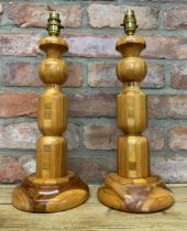 Pair of specimen turned wood table lamps, H 43cm