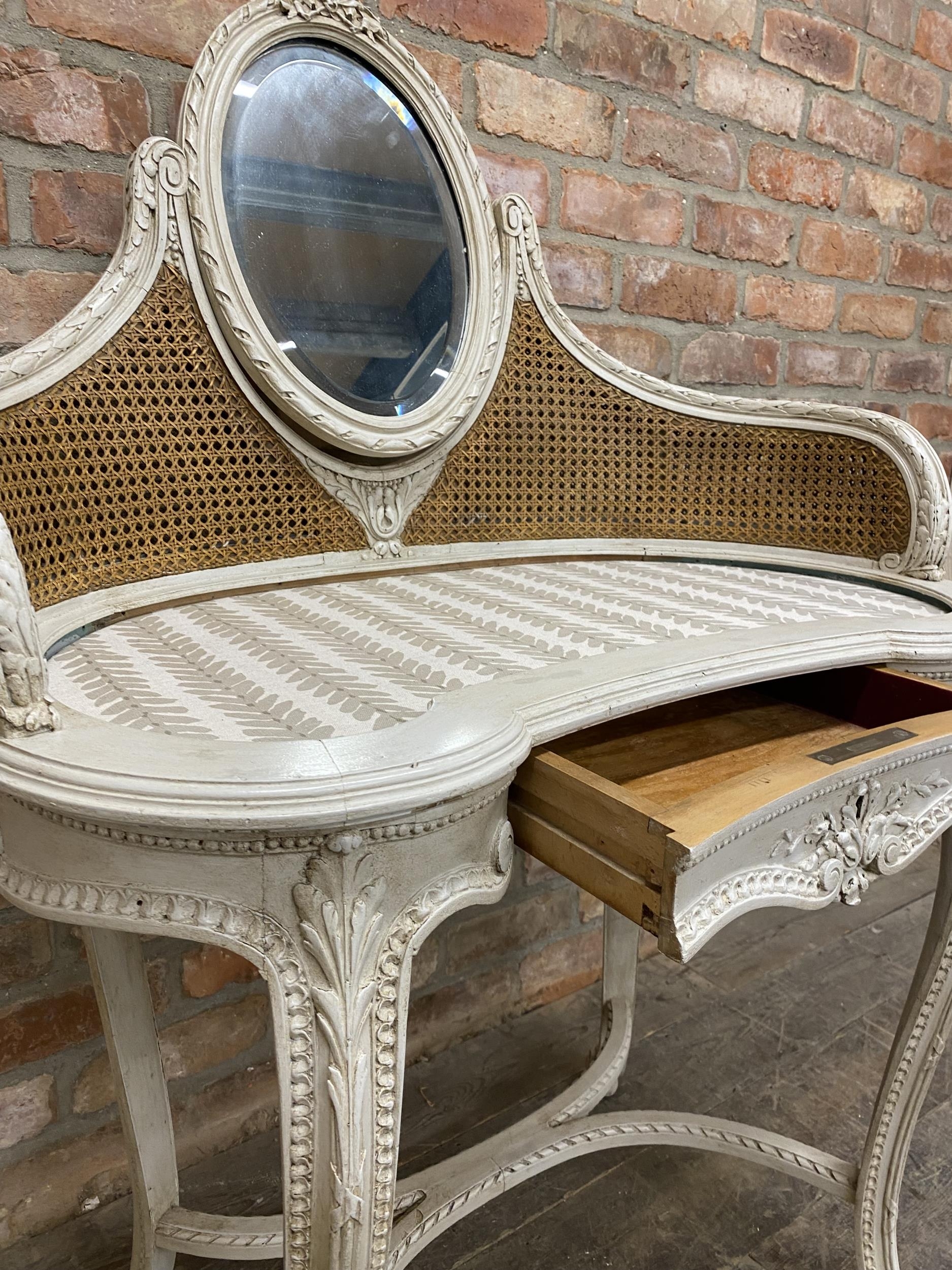 19th century French kidney shaped dressing table, raised mirror and bergere back, fitted with - Image 5 of 5