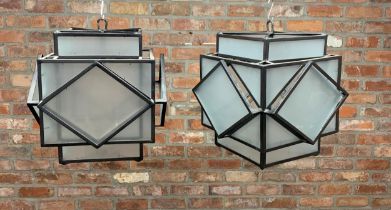 Exceptional pair of Period Art Deco iron framed pendant or ceiling lights with frosted glass panels,