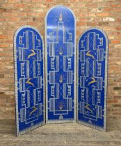 Cool Art Deco three fold screen, incised with gilt leaping gazelles and fountains, 230cm high