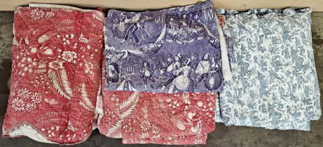 Collection of toile de jouy and similar bedspreads, panels, covers etc