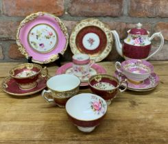 Assortment of antique hand painted pink floral themed cups, saucers, tea pot etc to include Royal