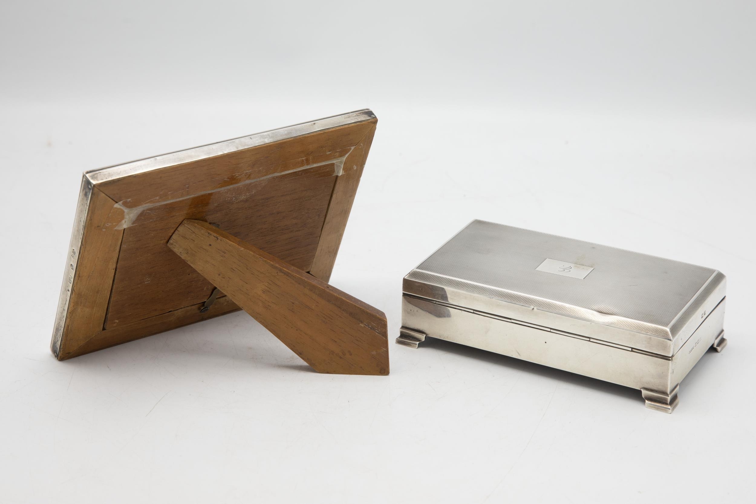 Engine turned silver cigarette box, cedar lined interior, with a further silver easel frame (2) - Image 2 of 2