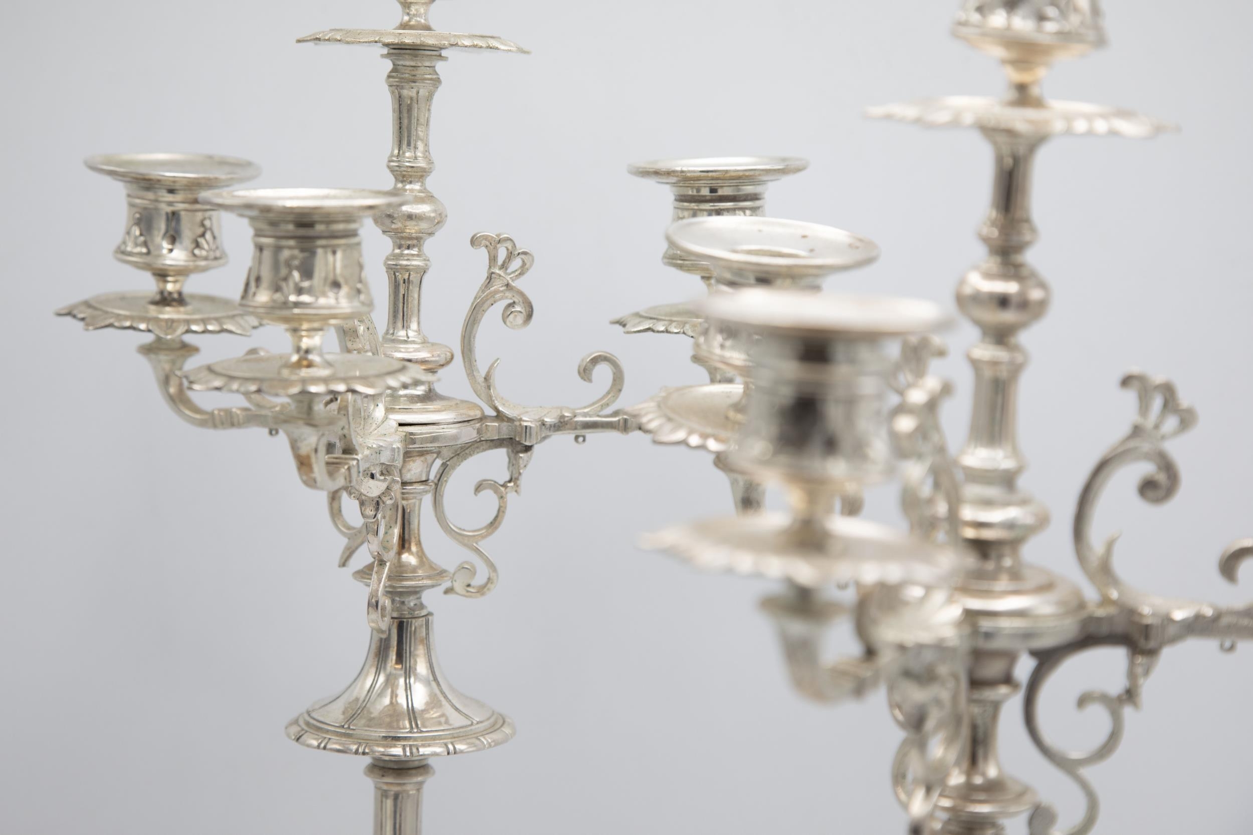 Impressive pair Aesthetic Period cast silver plated three branch candelabra, 55cm high - Image 3 of 4