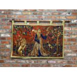 Arts and Crafts style 'Lady and the Unicorn' hanging tapestry with gold thread, 88 x 124cm