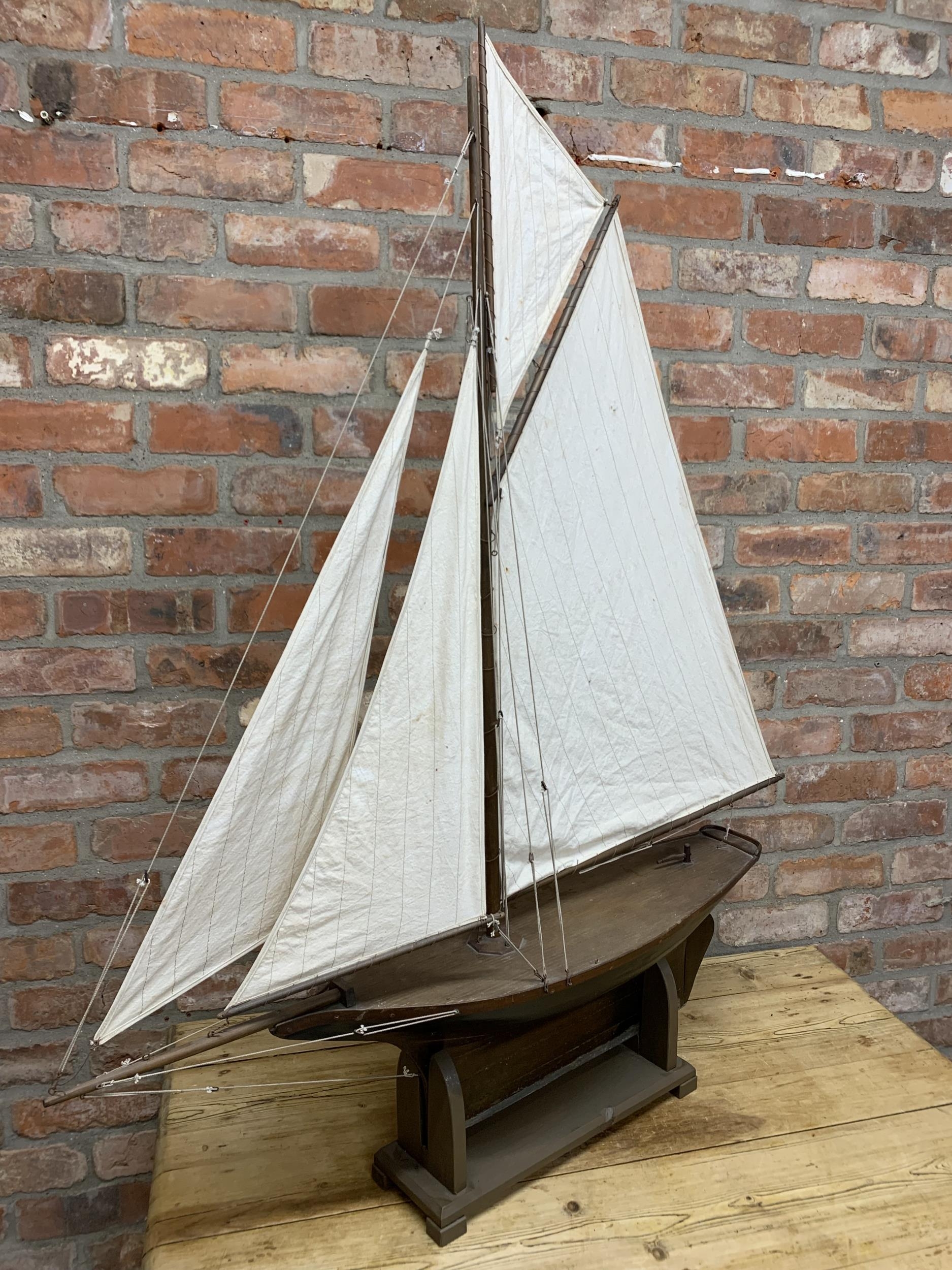 Very large hand built wooden pond yacht with original hand knotted linen sails, mounted atop - Image 4 of 4