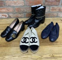 Collection of Chanel and Gucci shoes and boots, some with storage bags, all sizes 39/40 (4 pairs)