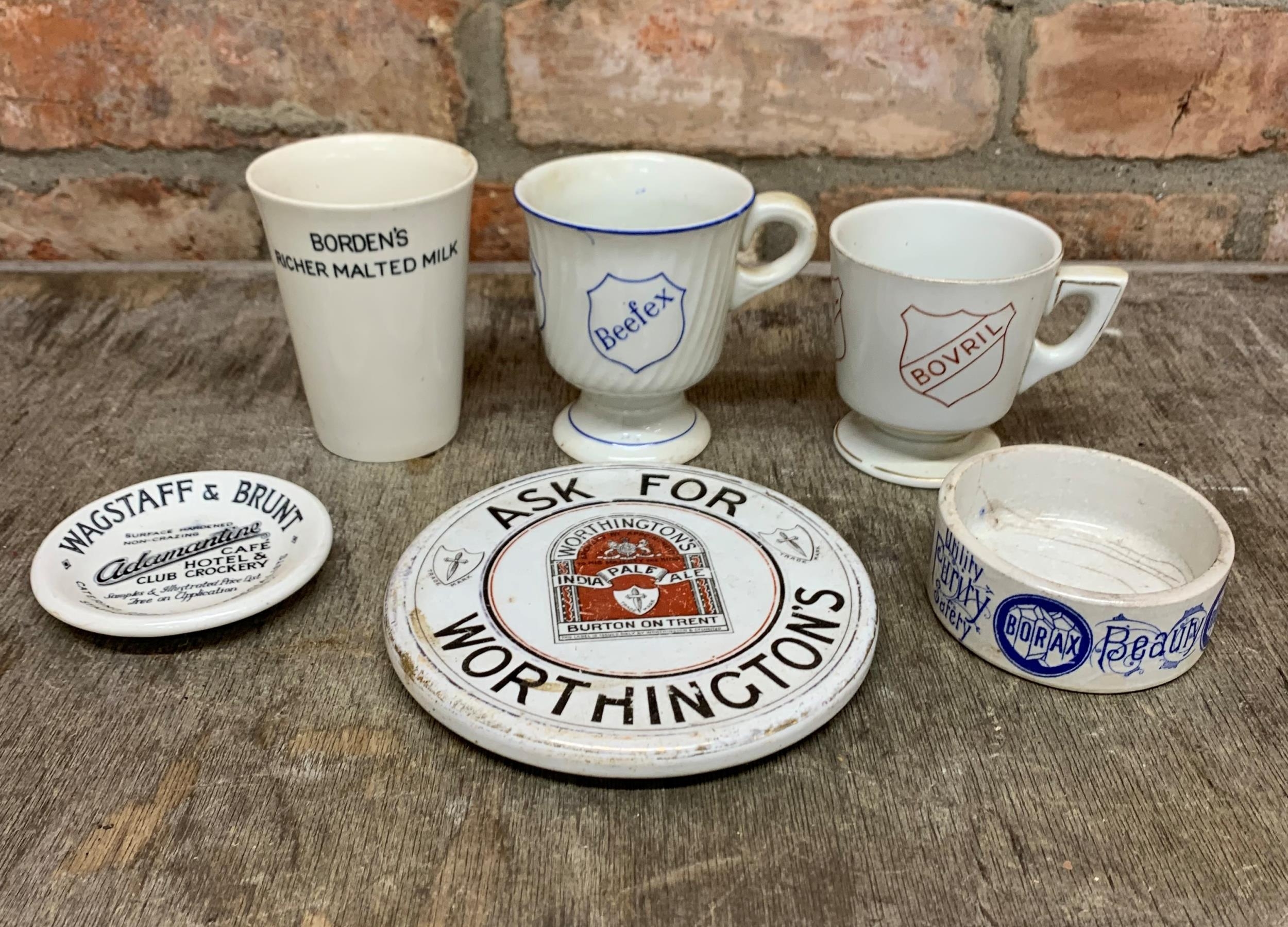 Quantity of mixed antique ceramic advertising to include Worthington's, Bovril and Borax (6)