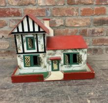 Vintage wooden Tudor style dolls house with red roof and cross hatched window design, includes