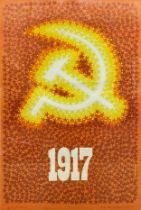 Russian revolution propaganda poster with hammer and sickle and 1917 on a ground of stars, by A