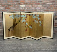 Vintage Chinese hand painted floral themed six panel folding screen/room divider, signed by