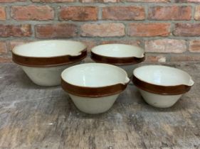 Set of four graduated glaze terracotta spouted dairy bowls, the largest H 14cm x D 31cm