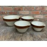 Set of four graduated glaze terracotta spouted dairy bowls, the largest H 14cm x D 31cm