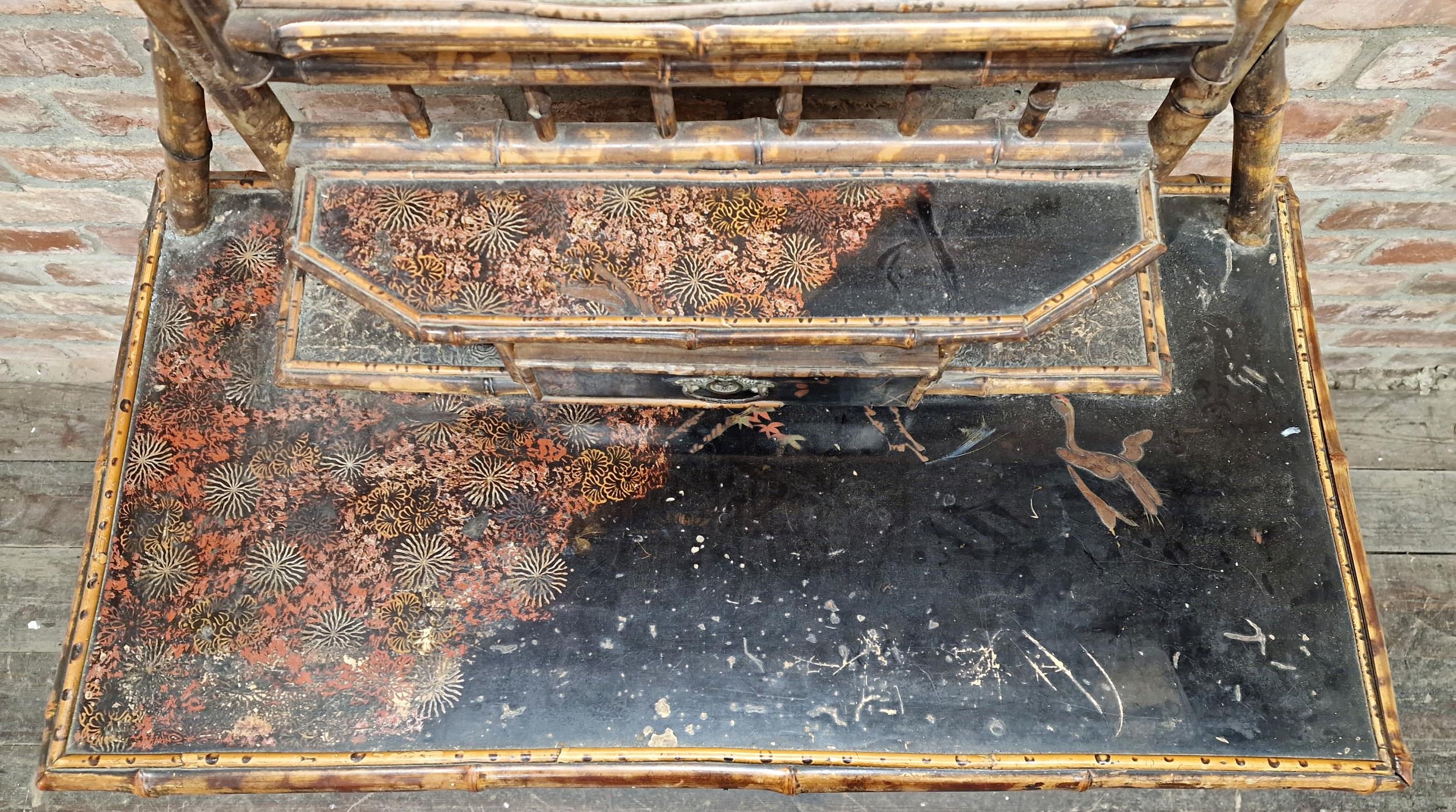 Victorian Aesthetic Movement bamboo and rattan dressing chest with mirror back raised over one short - Image 2 of 4