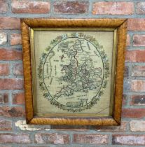 Large framed sampler tapestry depicting United Kingdom map surrounded by floral wreath , Signed