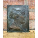 Antique bronze plaque cast with a ladies side head and neck profile, signed F. Lessore and dated