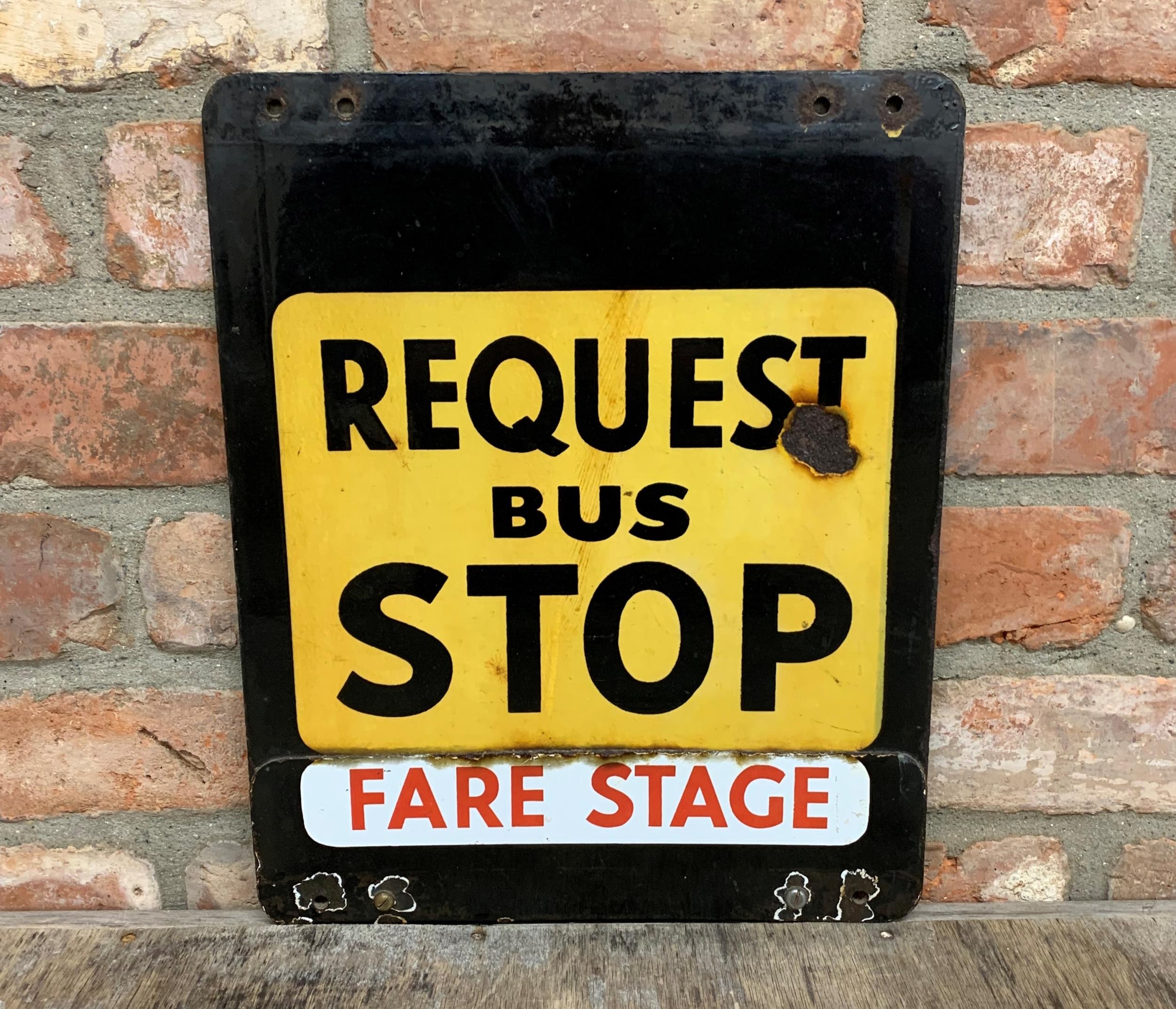 Vintage 'Request Bus Stop' yellow and black double sided enamel sign, 42cm x 34cm - Image 2 of 3