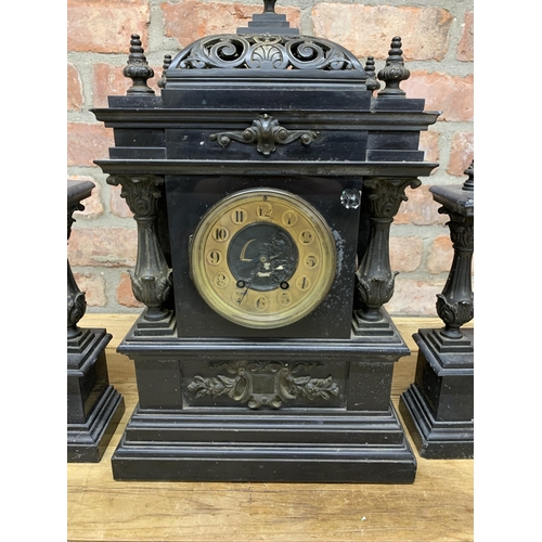 Victorian architectural black slate clock garniture, the dial with gilt chaptering and twin train - Image 2 of 4