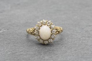Victorian 18ct opal and diamond cluster ring, size I, 3.2g